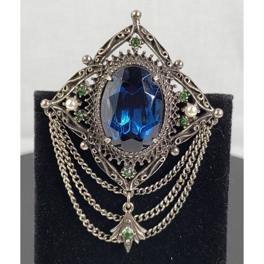 FLORENZA Silver-Tone Metal Blue Rhinestone Faux Pearls Brooch 2.75" L Vintage